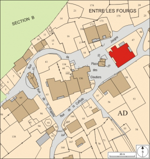 Plan-masse et de situation. Extrait du plan cadastral, 2008, section AD, échelle 1:1 000.  © Région Bourgogne-Franche-Comté, Inventaire du patrimoine