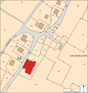 Plan-masse et de situation. Extrait du plan cadastral, 2008, section AE, échelle 1/1 000. © Région Bourgogne-Franche-Comté, Inventaire du patrimoine