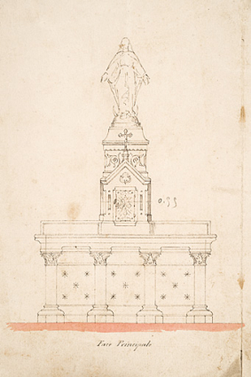 Communes de Chazelot et Montferney. Construction d'un petit autel. Dessin d'ensemble. [Détail :] Face principale. 23 mars 1872. © Région Bourgogne-Franche-Comté, Inventaire du patrimoine