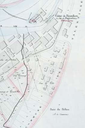 Plan des lieux. Usine Les fils de Peugeot Frères à Valentigney Beaulieu. Demande en révision de l'arrêté préfectoral du 14 décembre 1864. © Région Bourgogne-Franche-Comté, Inventaire du patrimoine