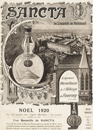 Sancta de l'abbaye de Faverney, 1920. Affiche publicitaire pour la liqueur fabriquée à l'abbaye de 1919 à 1927 par la famille parisienne Boulanger, de Pantin.  © Région Bourgogne-Franche-Comté, Inventaire du patrimoine