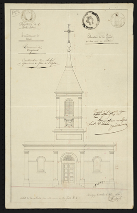 Construction du clocher. [Elévation de la façade] 1841 © Région Bourgogne-Franche-Comté, Inventaire du patrimoine