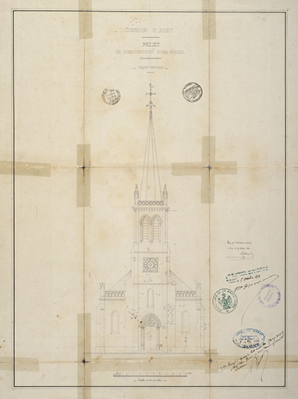 Projet de construction de l'église, façade principale (1862). © Région Bourgogne-Franche-Comté, Inventaire du patrimoine Projet de construction de l'église, façade principale (1862). © Région Bourgogne-Franche-Comté, Inventaire du patrimoine