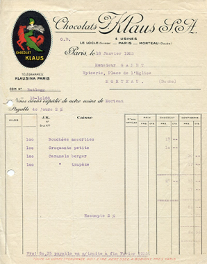 Facture à en-tête de la société Klaus SA, 18 janvier 1923. © Région Bourgogne-Franche-Comté, Inventaire du patrimoine Facture à en-tête de la société Klaus SA, 18 janvier 1923. © Région Bourgogne-Franche-Comté, Inventaire du patrimoine