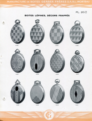 Catalogue de la Manufacture de Boîtes de Montres Gerber Frères, décennies 1920-1930 : pl. 20, boîtes Lépines, décors frappés. © Région Bourgogne-Franche-Comté, Inventaire du patrimoine