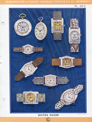 Catalogue de la Manufacture de Boîtes de Montres Gerber Frères, décennies 1920-1930 : pl. 25, boîtes nacre. © Région Bourgogne-Franche-Comté, Inventaire du patrimoine Catalogue de la Manufacture de Boîtes de Montres Gerber Frères, décennies 1920-1930 : pl. 25, boîtes nacre. © Région Bourgogne-Franche-Comté, Inventaire du patrimoine