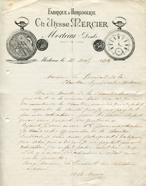 Papier à en-tête de la fabrique d'horlogerie Ch. Ulysse Mercier, 10 avril 1903. © Région Bourgogne-Franche-Comté, Inventaire du patrimoine Papier à en-tête de la fabrique d'horlogerie Ch. Ulysse Mercier, 10 avril 1903. © Région Bourgogne-Franche-Comté, Inventaire du patrimoine