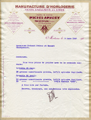 Papier à en-tête des Ets Marc et Henri Michel-Amadry, 9 mars 1937. © Région Bourgogne-Franche-Comté, Inventaire du patrimoine