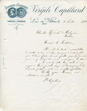 Papier à en-tête de Virgile Cupillard, 6 juillet 1899. © Région Bourgogne-Franche-Comté, Inventaire du patrimoine Papier à en-tête de Virgile Cupillard, 6 juillet 1899. © Région Bourgogne-Franche-Comté, Inventaire du patrimoine