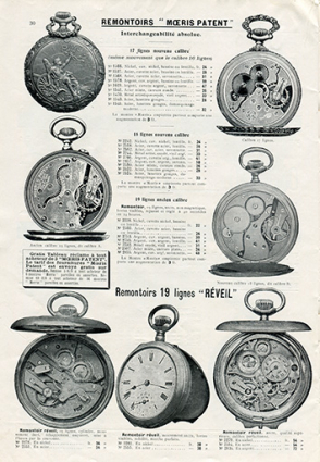 [Montres remontoir Moeris Patent et montres réveil : catalogue de production de la société Emile Wetzel et Cie, p. 30], 1912. © Région Bourgogne-Franche-Comté, Inventaire du patrimoine