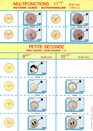 France Ebauches [dépliant publicitaire montrant la gamme des modules à quartz en 1990 : multifonctions et petite seconde]. © Région Bourgogne-Franche-Comté, Inventaire du patrimoine