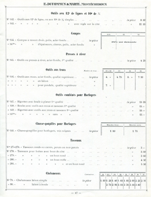 Tarif album n° 5. Fabrique d'outils E. Ducommun & Marti [catalogue de production, p. 17 : tarif d'outils d'horloger], [milieu 20e siècle]. © Région Bourgogne-Franche-Comté, Inventaire du patrimoine