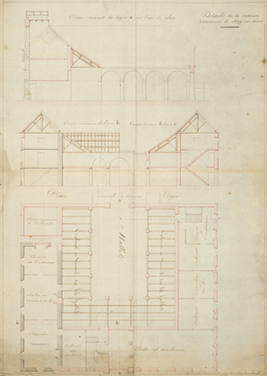 Duret. Détails de la maison commune de Scey-sur-Saône. Coupe. Plan général du premier étage. [1831]. © Région Bourgogne-Franche-Comté, Inventaire du patrimoine