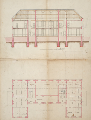 Renahy. Coupe longitudinale et plan de l'étage. 1866. © Région Bourgogne-Franche-Comté, Inventaire du patrimoine