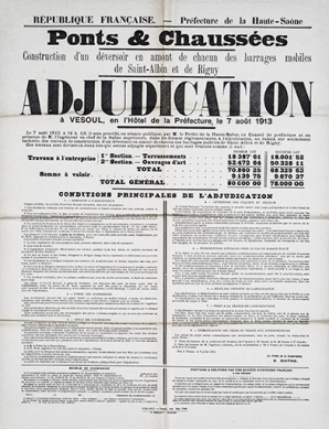 [Affiche d'adjudication pour la construction d'un déversoir en amont de chacun des barrages mobiles de Saint-Albin et Rigny] (1913). © Région Bourgogne-Franche-Comté, Inventaire du patrimoine