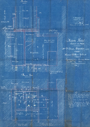 Plan et coupe de la cave de l'ascenseur électrique installé en 1908. © Région Bourgogne-Franche-Comté, Inventaire du patrimoine