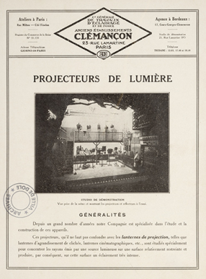 Compagnie générale de Travaux d'Eclairage et de Force (Anciens Etablissements Clémançon). Projecteurs de lumière [1re page du catalogue]. S.d. [1re moitié 20e siècle]. © Région Bourgogne-Franche-Comté, Inventaire du patrimoine