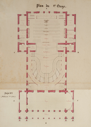 Théâtre de Dôle. Convenance, Economie [projet H]. Plan du 1er Etage. En bas : Projet n° 2 (Bâtiment d'entrée). S.d. [1839]. © Région Bourgogne-Franche-Comté, Inventaire du patrimoine