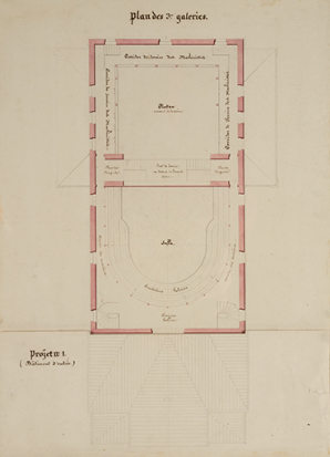 Théâtre de Dôle. Convenance, Economie [projet H]. Plan des 3e galeries. En bas : Projet n° 1 (Bâtiment d'entrée). S.d. [1839]. © Région Bourgogne-Franche-Comté, Inventaire du patrimoine