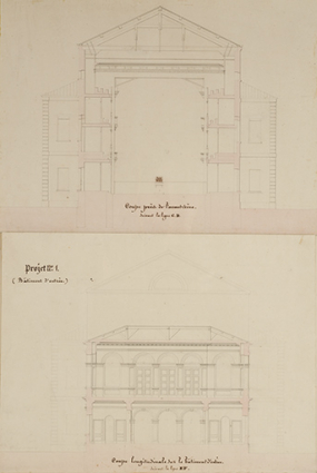 Théâtre de Dôle. Convenance, Economie [projet H]. [Coupes transversales]. En bas : Projet n° 1 (Bâtiment d'entrée). S.d. [1839]. © Région Bourgogne-Franche-Comté, Inventaire du patrimoine