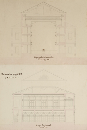 Théâtre de Dôle. Convenance, Economie [projet H]. [Coupes transversales]. En bas : Variante du projet n° 2 (Bâtiment d'entrée). S.d. [1839]. © Région Bourgogne-Franche-Comté, Inventaire du patrimoine