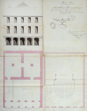 Ecole mutuelle et salle de spectacle projetée sur l'emplacement des chasals Bossu et Bressand acquis par la ville pour cet établissement [projet], 1831. © Région Bourgogne-Franche-Comté, Inventaire du patrimoine