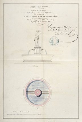 Fontaine à construire sur la place de Langonne, en remplacement de celle à supprimer au côté sud de la place de l'Islot, 1858. © Région Bourgogne-Franche-Comté, Inventaire du patrimoine