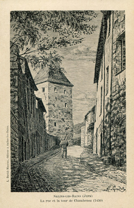 Salins-les-Bains (Jura). La rue et la tour de Chambenoz (1430), carte postale, s.d. [avant 1902]. © Région Bourgogne-Franche-Comté, Inventaire du patrimoine