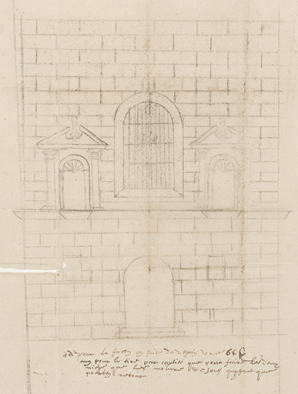 [Elévation de la façade ouest de l'église], s.d. [fin 17e siècle]. © Région Bourgogne-Franche-Comté, Inventaire du patrimoine