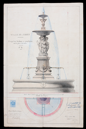 Projet pour l'élévation et le plan de la fontaine, 1869. © Région Bourgogne-Franche-Comté, Inventaire du patrimoine