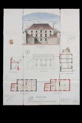 Projet d'agrandissement de l'école laïque de garçons [plans, élévation, coupes], 1879. © Région Bourgogne-Franche-Comté, Inventaire du patrimoine