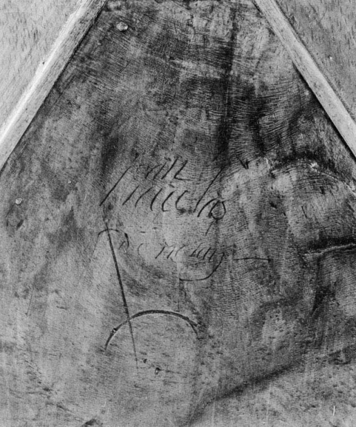 Détail de la signature sur le panneau central du battant gauche. © Jean-Luc Duthu / Région Bourgogne-Franche-Comté, Inventaire du patrimoine - 1979