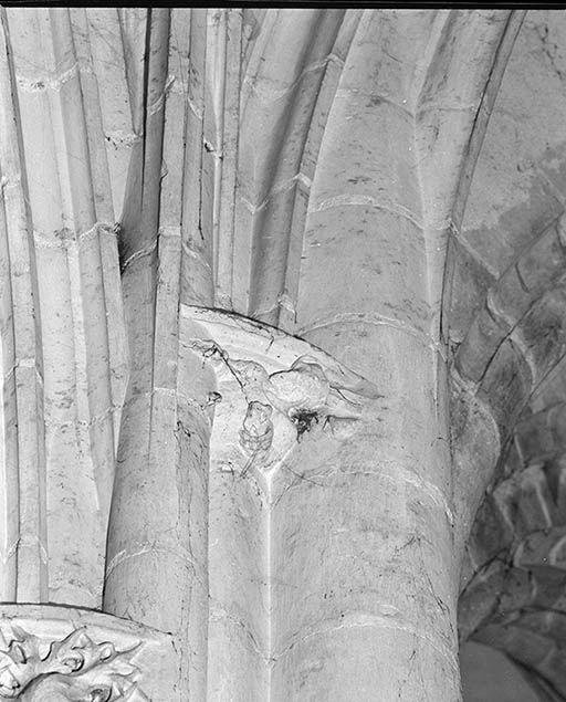 Collatéral droit, 3e travée, pilier postérieur gauche : détail du culot supérieur. © Jean-Luc Duthu / Région Bourgogne-Franche-Comté, Inventaire du patrimoine - 1995