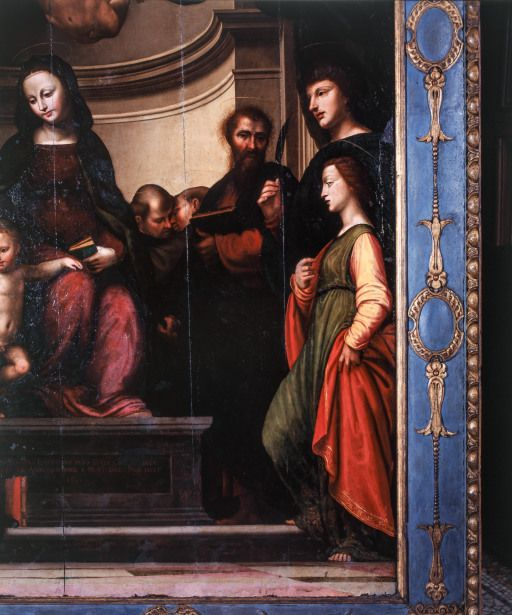 Détail de la partie droite : sainte Catherine d'Alexandrie, saint Laurent, saint Barthélémy, saint Dominique et saint François. © Michel Thierry / Région Bourgogne-Franche-Comté, Inventaire du patrimoine - 1997