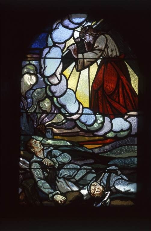 Baie 14 : Christ portant sa croix apparaissant à un soldat blessé © Michel Rosso / Région Bourgogne-Franche-Comté, Inventaire du patrimoine - 2002