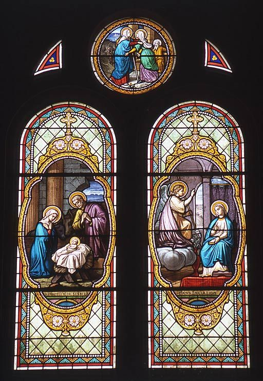 Baie 3 : Nativité et Annonciation sur les lancettes, Visitation sur l'oculus de réseau © Michel Rosso / Région Bourgogne-Franche-Comté, Inventaire du patrimoine - 2003