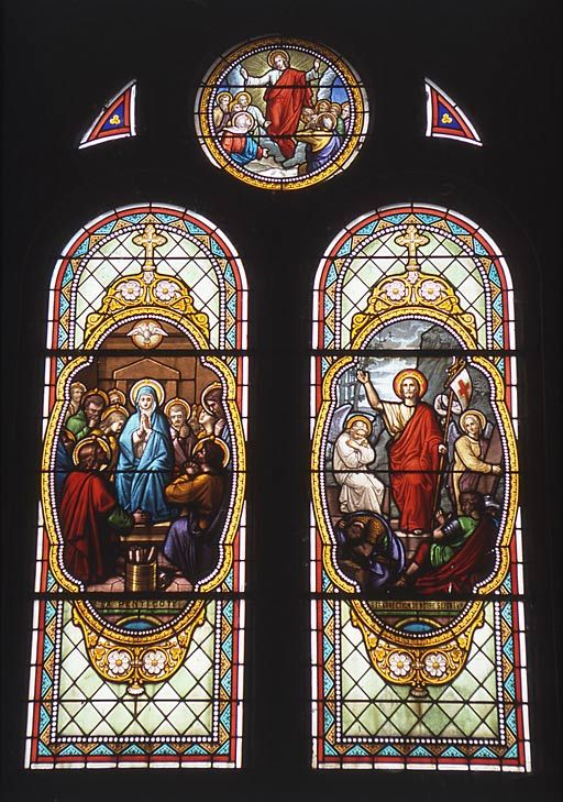 Baie 4 : Pentecôte et la Résurrection sur les lancettes, Ascension sur l'oculus de réseau © Michel Rosso / Région Bourgogne-Franche-Comté, Inventaire du patrimoine - 2003