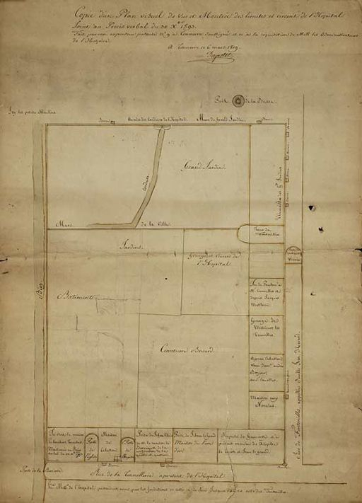 Hôtel-Dieu : copie d'un plan visuel de "vue et montrée des limites et circuit de l'hôpital". © Michel Thierry / Région Bourgogne-Franche-Comté, Inventaire du patrimoine - 2005