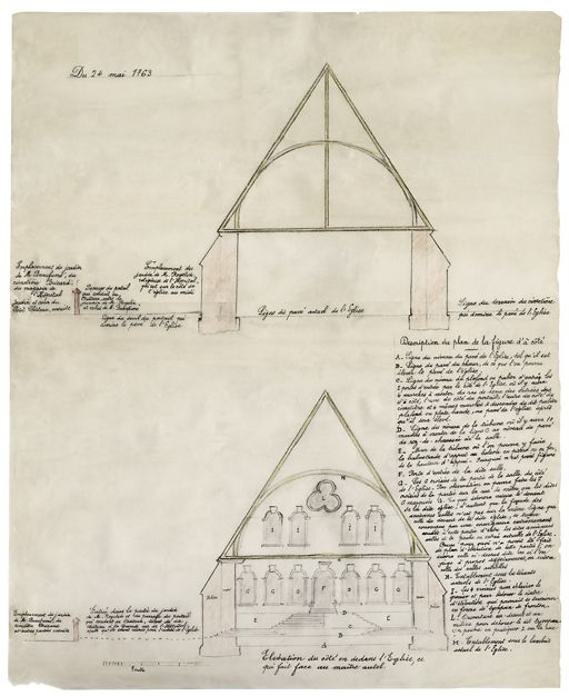 Coupe transversale de la charpente et coupe transversale de la façade, 24 mai 1763. © Michel Thierry / Région Bourgogne-Franche-Comté, Inventaire du patrimoine - 2005