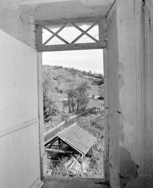 La retenue canalisée de la Coquille et le lavoir. Vue prise depuis le comble du bâtiment gauche du moulin. © Jean-Luc Duthu / Région Bourgogne-Franche-Comté, Inventaire du patrimoine - 2006