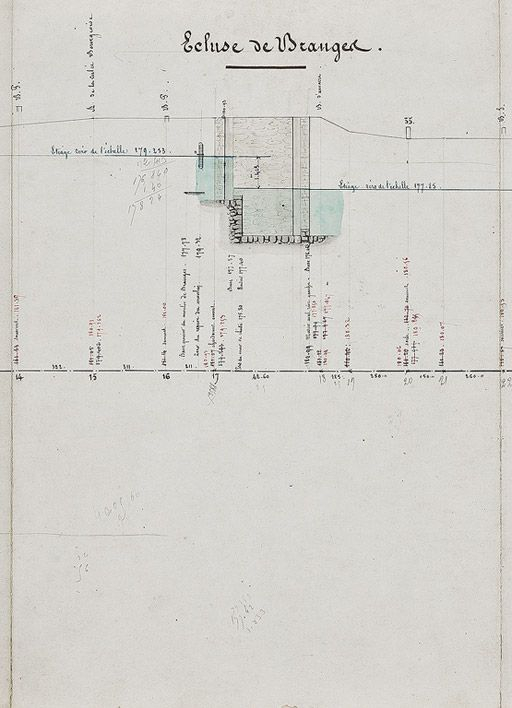 "Nivellement de la Seille, profils", par l'ingénieur Fournier, vers 1850. Croquis non datés des ponceaux et aqueducs du chemin de halage. Extrait : Ecluse de Branges. (Archives VNF-direction territoriale Centre-Bourgogne ; subdivision de Montceau-le… © Pierre-Marie  Barbe-Richaud (reproduction) / Région Bourgogne-Franche-Comté, Inventaire du patrimoine - 2010