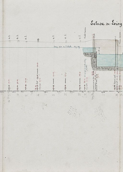 "Nivellement de la Seille, profils", par l'ingénieur Fournier, vers 1850. Croquis non datés des ponceaux et aqueducs du chemin de halage. Extrait : km 19 et écluse de Loisy. (Archives VNF-direction territoriale Centre-Bourgogne ; subdivision de Mont… © Pierre-Marie  Barbe-Richaud (reproduction) / Région Bourgogne-Franche-Comté, Inventaire du patrimoine - 2010