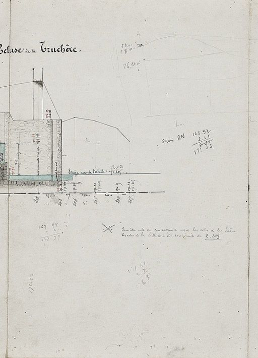 "Nivellement de la Seille, profils", par l'ingénieur Fournier, vers 1850. Croquis non datés des ponceaux et aqueducs du chemin de halage. Extrait : Ecluse de La Truchère, km 0 à 1. (Archives VNF-direction territoriale Centre-Bourgogne ; subdivision … © Pierre-Marie  Barbe-Richaud (reproduction) / Région Bourgogne-Franche-Comté, Inventaire du patrimoine - 2010