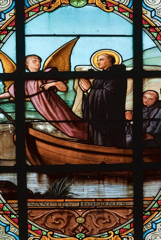Vitrail : Saint Bertin dans une barque, détail. © Pierre-Marie Barbe-Richaud / Région Bourgogne-Franche-Comté, Inventaire du patrimoine - 2011