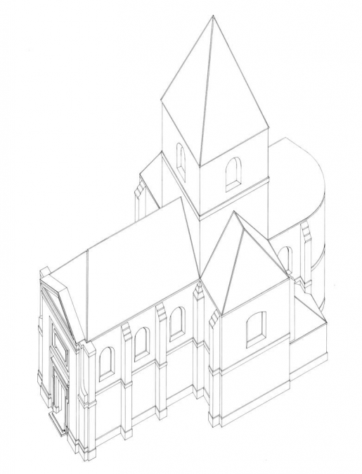 Vue axonométrique de l'édifice avec le clocher à la croisée du transept, reconstitution. © Alain Morelière / Région Bourgogne-Franche-Comté, Inventaire du patrimoine - 2012