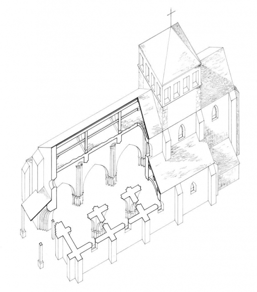 Coupe axonométrique de l'ancienne église, reconstitution. © Alain Morelière / Région Bourgogne-Franche-Comté, Inventaire du patrimoine - 2012