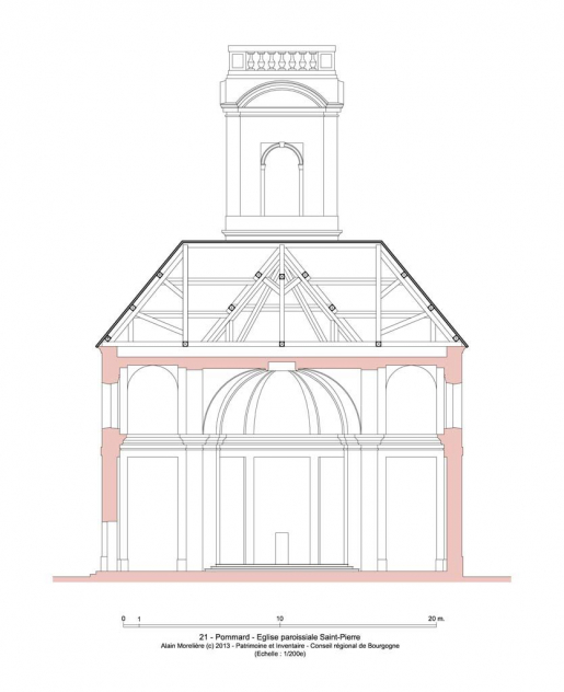 Coupe transversale schématique de l'église. © Alain Morelière / Région Bourgogne-Franche-Comté, Inventaire du patrimoine - 2013
