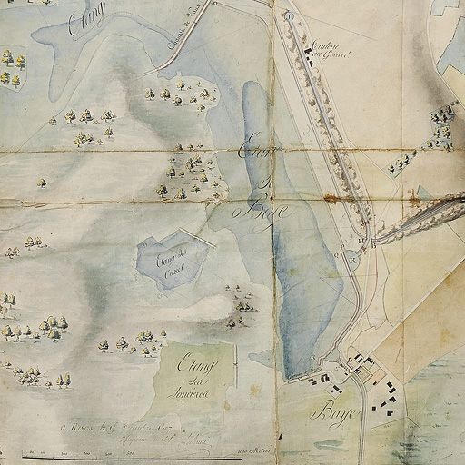 "Carte topographique des différents étangs destinés à former le réservoir du point de partage du Canal du Nivernais" : détail de l'étang de Baye. (Plan aquarellé ; 127 x 103 cm, Archives VNF-direction territoriale Centre-Bourgogne ; subdivision de C… © Thierry  Kuntz (reproduction) / Région Bourgogne-Franche-Comté, Inventaire du patrimoine - 2013
