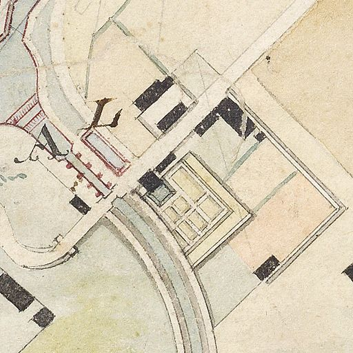 "Carte topographique des différents étangs destinés à former le réservoir du point de partage du Canal du Nivernais" : détail du pavillon des ingénieurs et des jardins. (Archives VNF-direction territoriale Centre-Bourgogne ; subdivision de Corbigny) © Thierry  Kuntz (reproduction) / Région Bourgogne-Franche-Comté, Inventaire du patrimoine - 2013