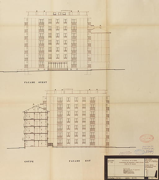 Bâtiment A à K : troisième tranche de 52 logements, bâtiments F et G, élévations des façades est et ouest, coupe ; L. Robert, G. Denise, mai 1965. (Archives municipales Cosne-Cours-sur-Loire, 200 W 20 - PC 821) © Thierry  Kuntz (reproduction) / Région Bourgogne-Franche-Comté, Inventaire du patrimoine - 2014